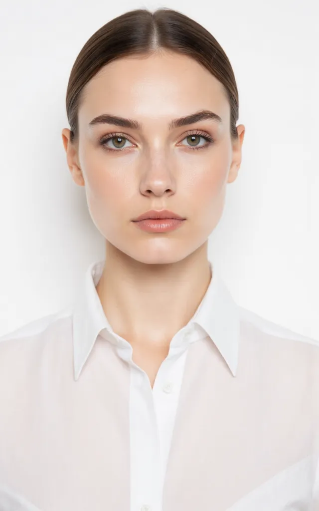 A French female model with a High   lighted makeup style, wearing a shirt, against a white background, in a front   facing bust portrait